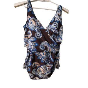 Lands End swimsuit tankini top womens size 18 brown blue paisley wrap